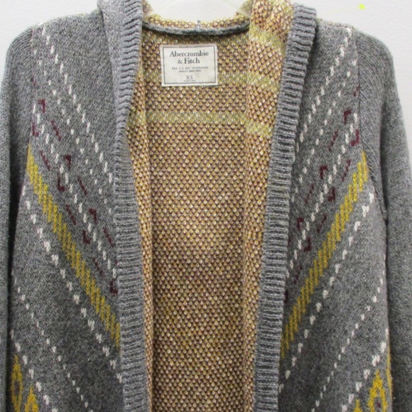 ABERCROMBIE & FITCH Grey/White/Burgundy/Yellow Printed Hooded Cardigan XS - Picture 4 of 5